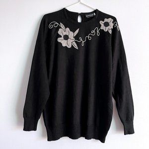 Vintage Pantman Black Knit Sweater Front Embroidered Wales Appliqué Flowers Sz L